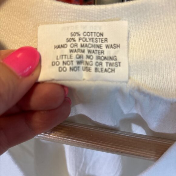 Vintage 90s Tiger White Lace Trim V Neck Top Sz L Banded Hem Sleeve Cuffs Beachy - Picture 6 of 8